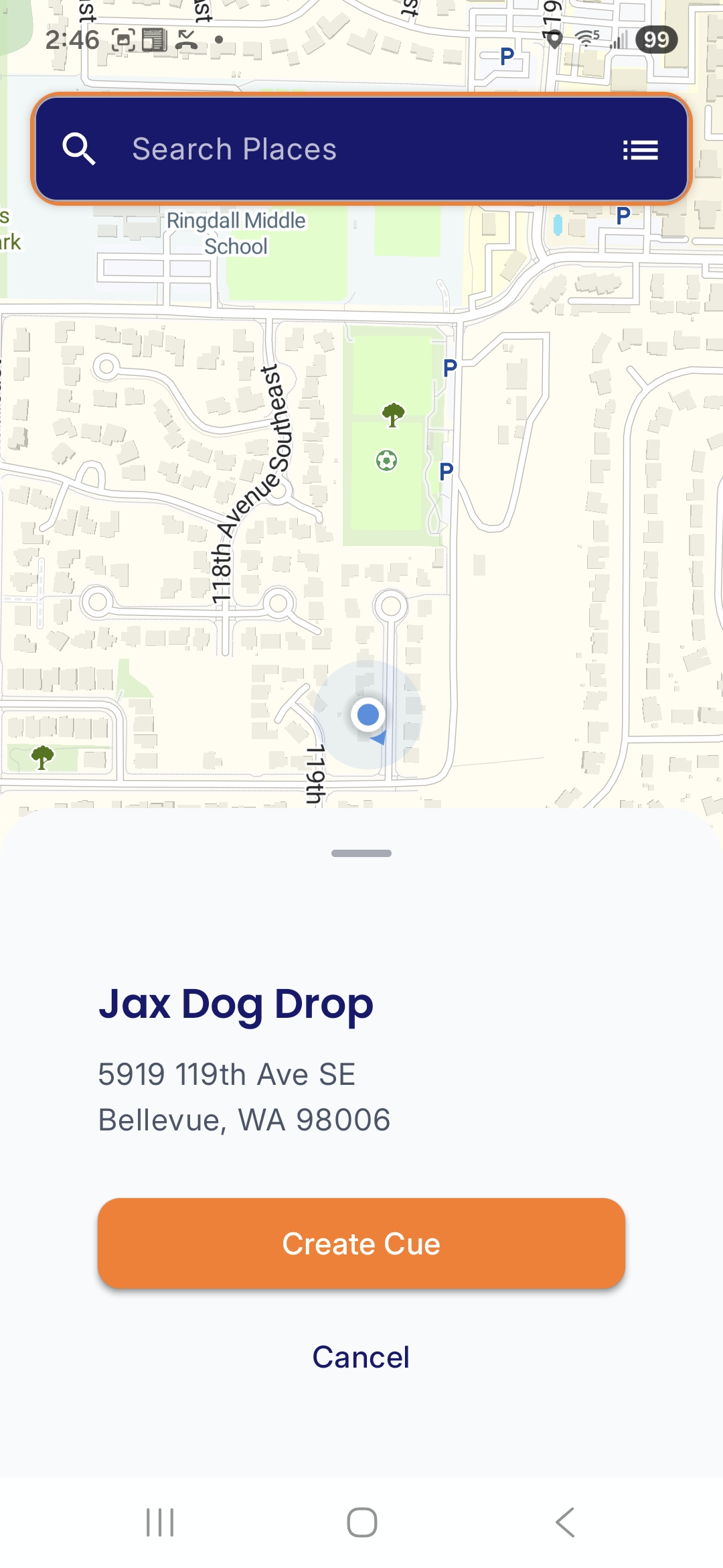 NeuraCue Android app — prompt to create a location-based cue after map search