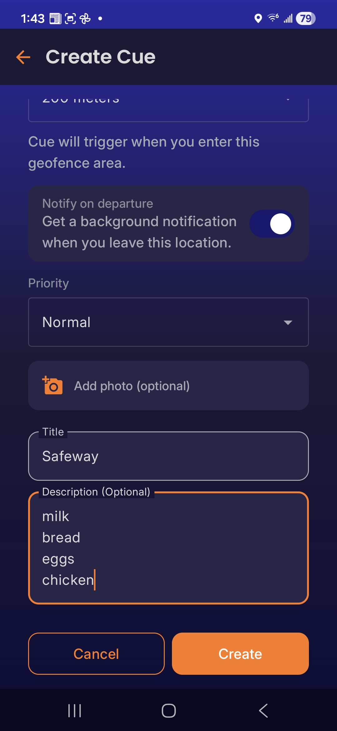NeuraCue Android app — configuring a cue with location, geofence radius, and priority
