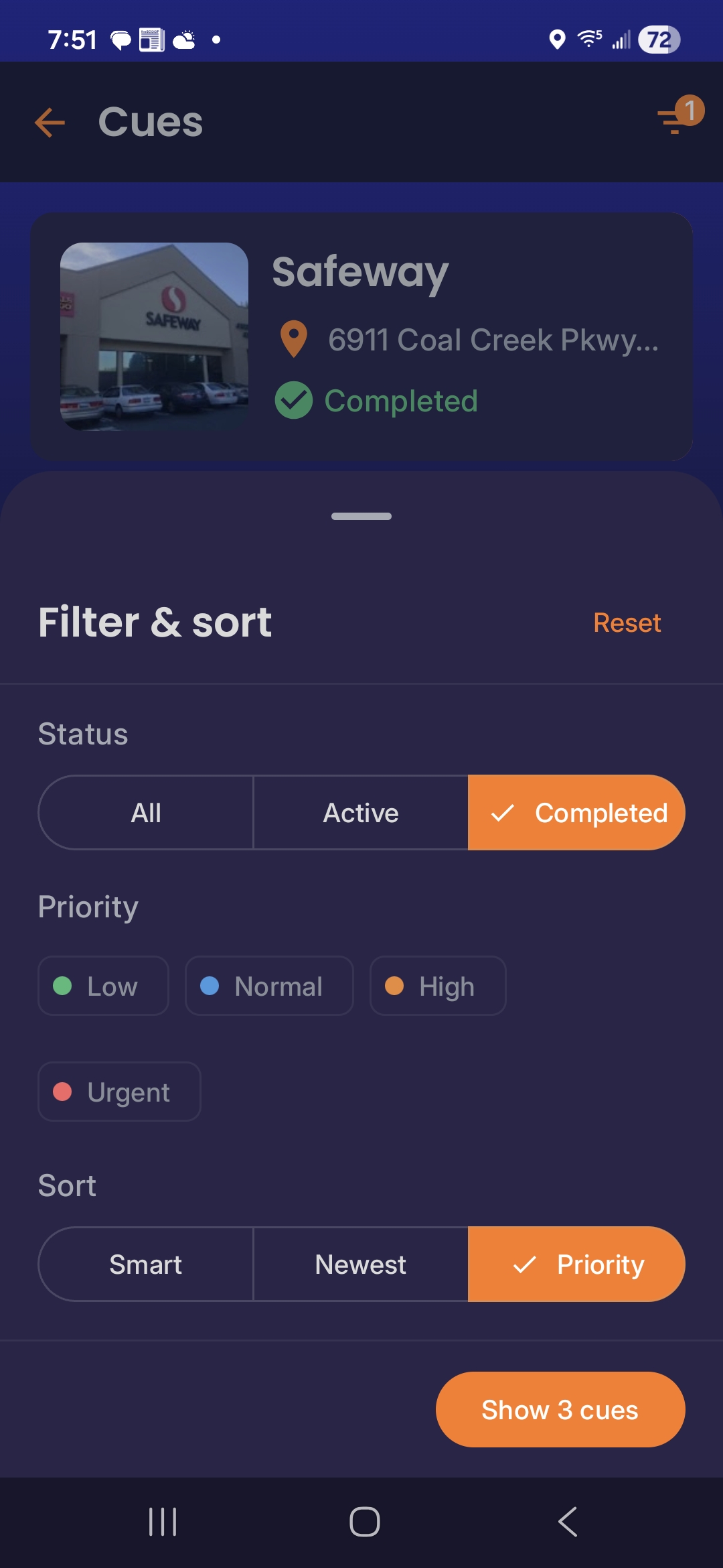 NeuraCue Android app — filtering and sorting cues by priority, status, and date