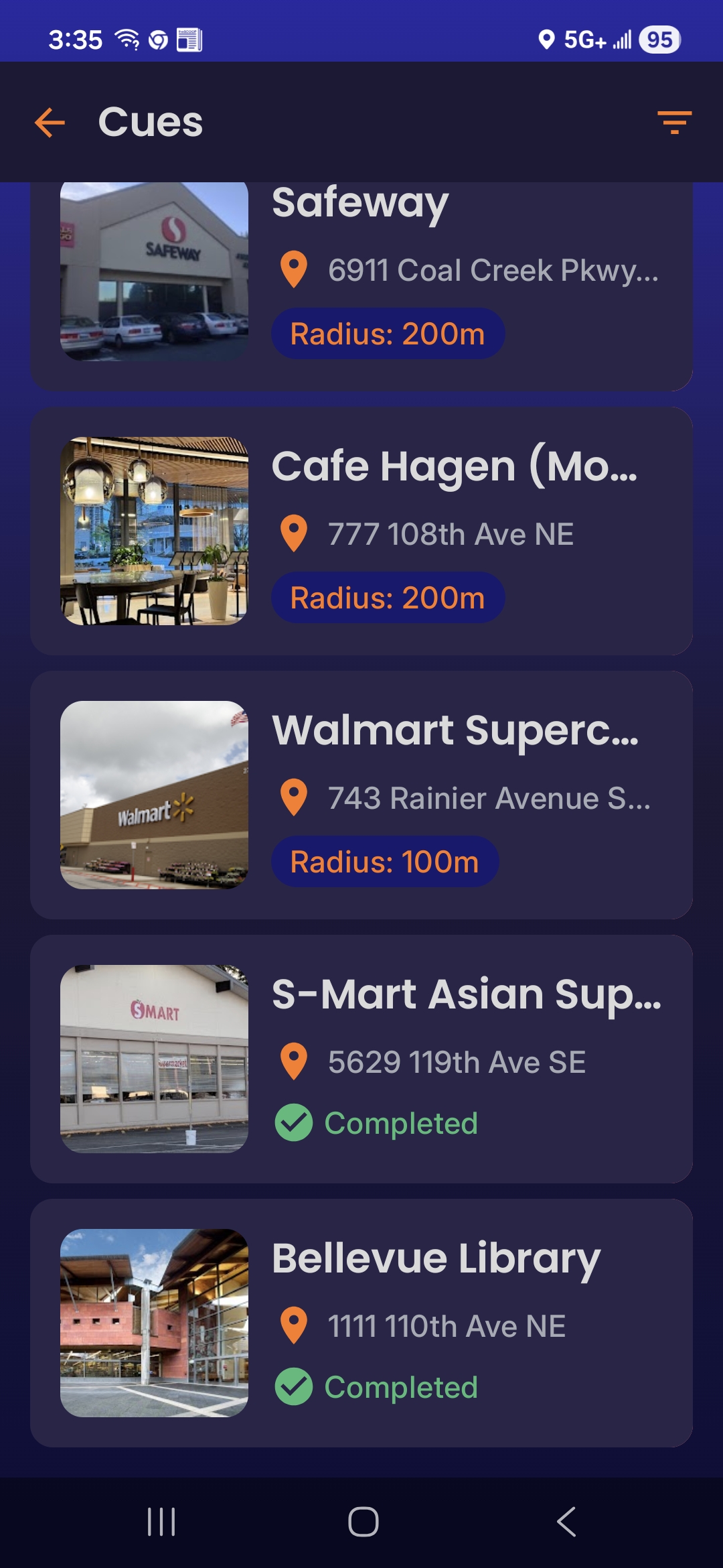 NeuraCue Android app — list of active location-based cues for a signed-in user