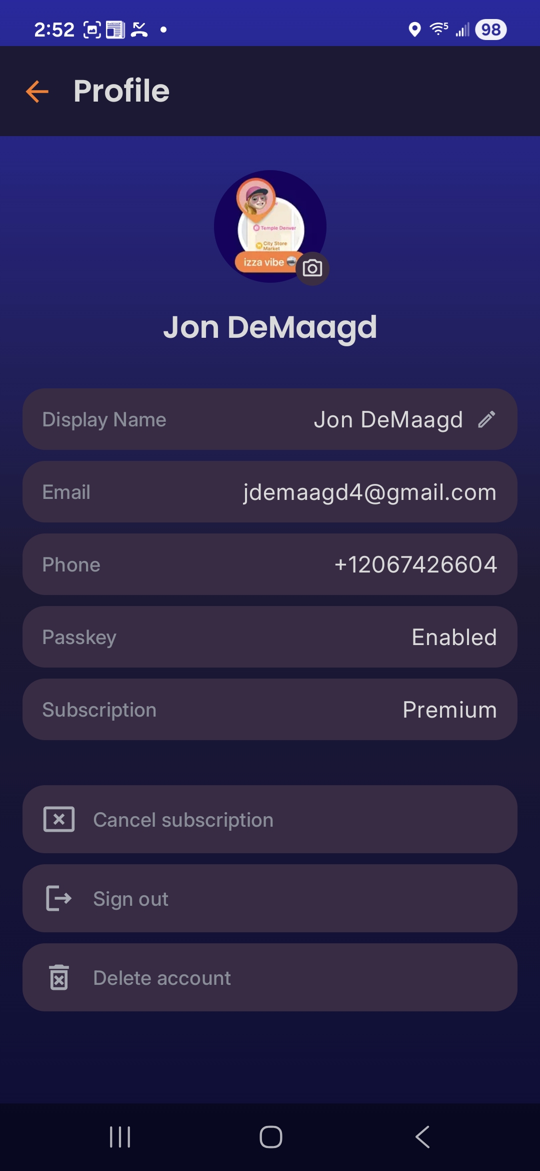 NeuraCue Android app — account profile with Google Play subscription details