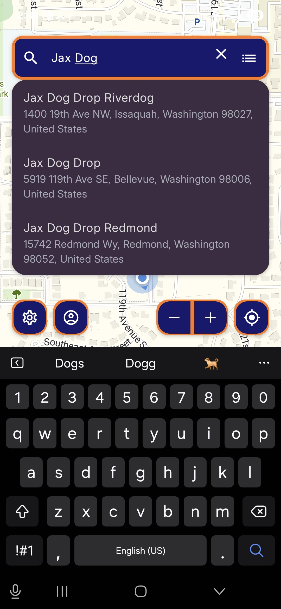NeuraCue Android app — searching for a real place by name on the built-in map