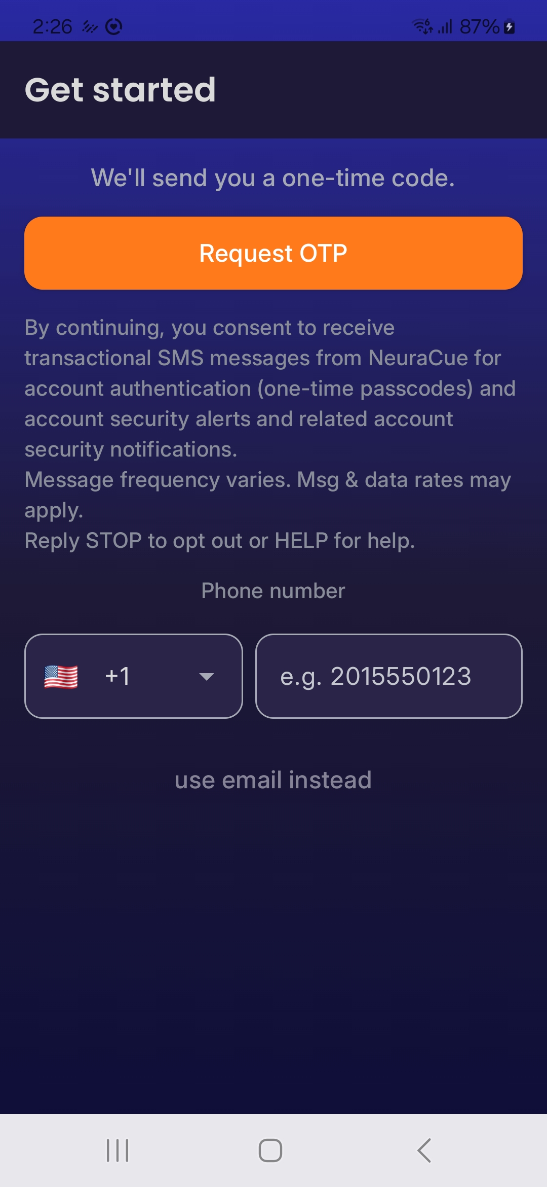 NeuraCue SMS consent screen showing opt-in disclosure